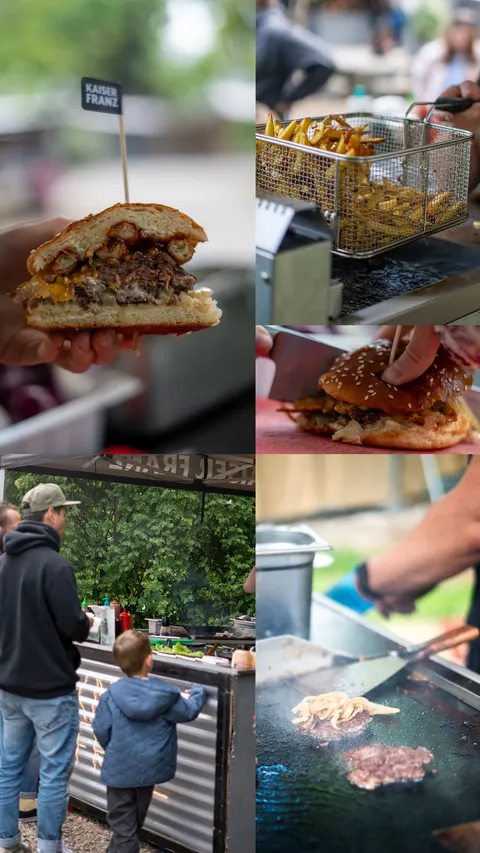 A vertical collage of food details from an event.